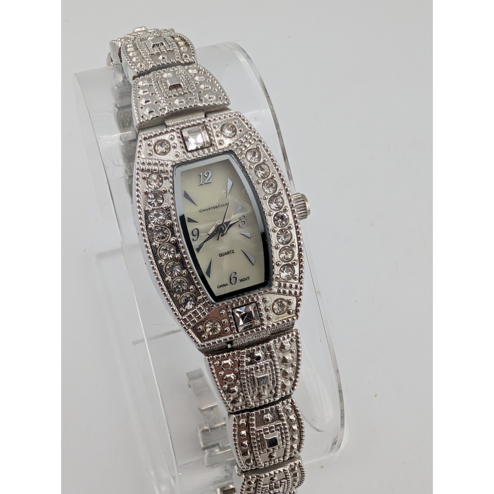 Charter Club Women's Watch 19mm Case Silver Rhinestone 7" Band- New Battery